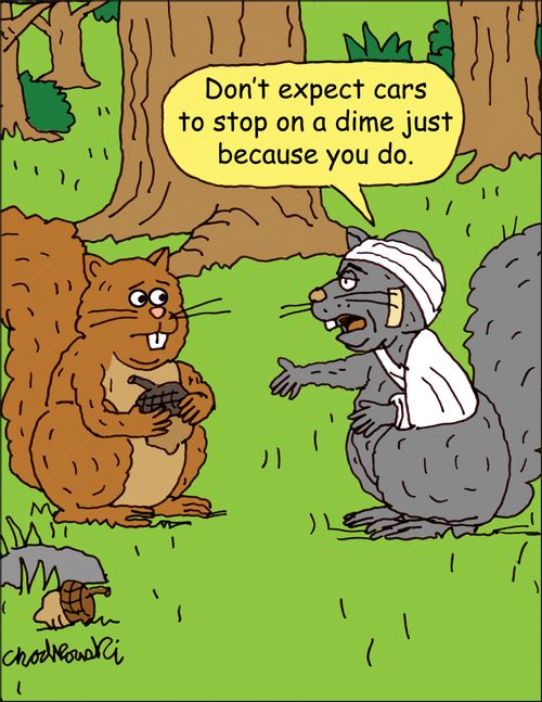 "Don't expect cars to stop on a dime just because you do."
