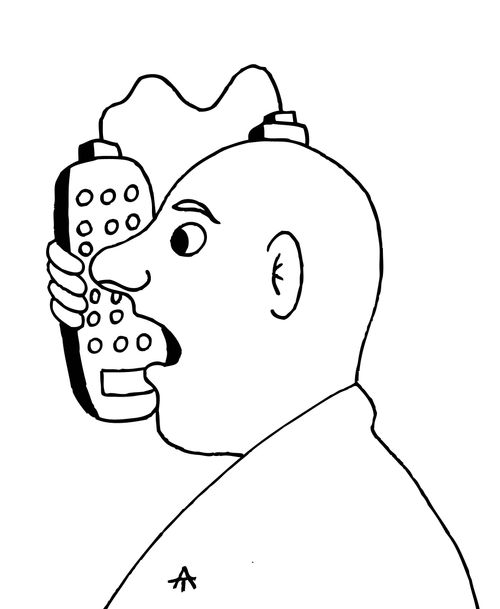 Man with landline phone coming out of his head.