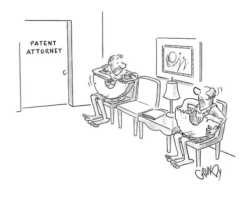 Two cavemen are sat at the patent attorney each with half a wheel.