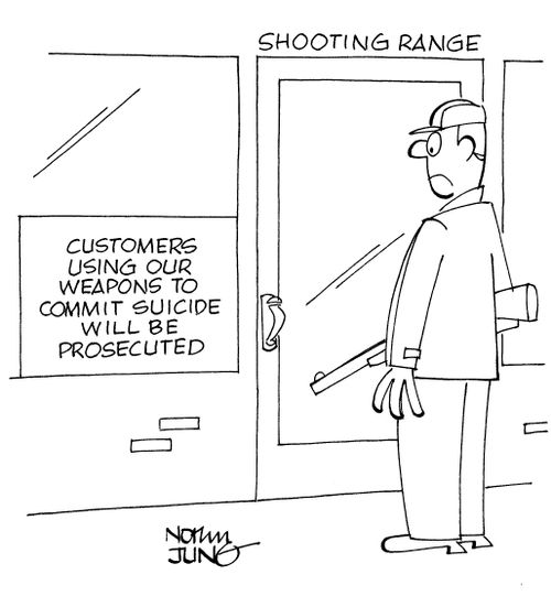 Shooting range with sign reading 'Customers using our weapons to commit suicide will be prosecuted'.