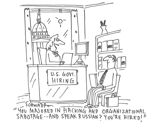 "Your majored in hacking and organizational sabotage - and speak Russian? You're hired!"