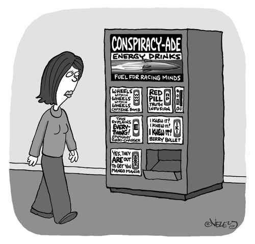 Woman walking past a 'Conspiracy-Ade Energy Drinks" vending machine.