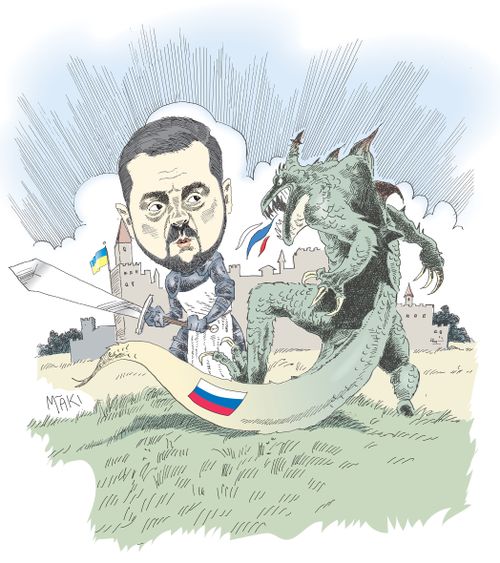 President Zelensky fights a Russian dragon.