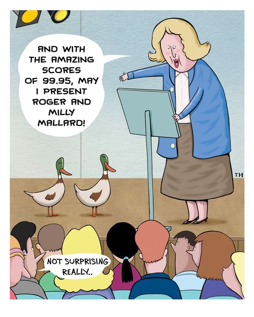 "And with the amazing scores of 99.95, may I present Roger and Milly Mallard!"