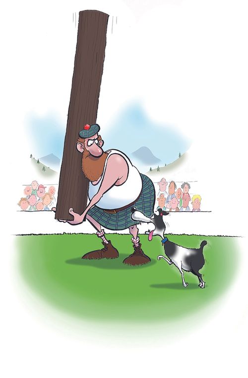 A dog waits in anticipation for a man to toss a caber