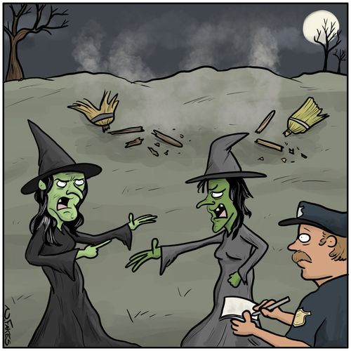Two witches argue after crashing into each other