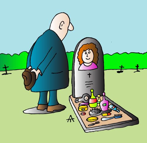 A grave with an array of beauty products