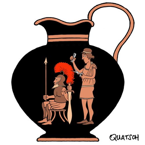 A grecian jug depicting a barber cutting the plum of a soldier's helmet 