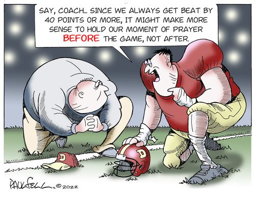 "Say, Coach. . . since we always get beat by 40 points or more, it might make more sense to hold our moment of prayer before the game, not after."