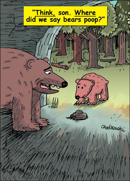 "Think, son. Where did we say bears poop?"