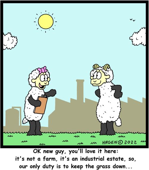 "Ok new guy, you'll love it here: it's not a farm, it's an industrial estate, so, our only duty is to keep the grass down.."