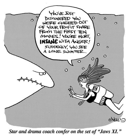 Star and drama coach confer on the set of "Jaws XI."