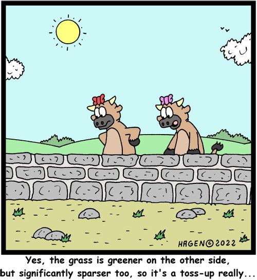 "Yes, the grass is greener on the other side, but significantly sparser too, so it's a toss-up really...."