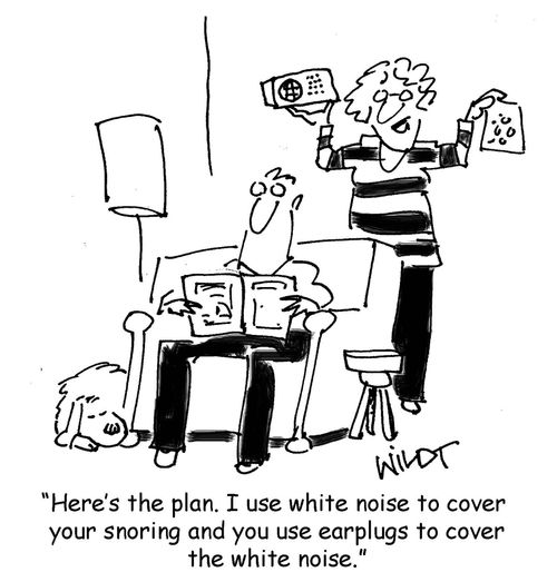 "Here's the plan. I use white noise to cover your snoring and you use earplugs to cover the white noise."