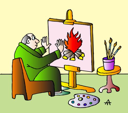Artist warms himself with a painting.