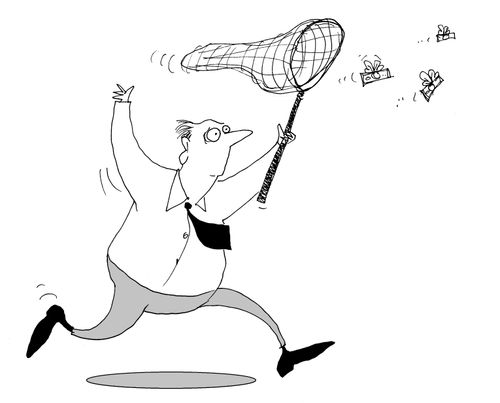 A man chasing money with a butterfly net