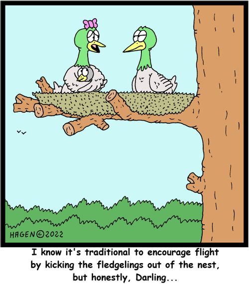 "I know it's traditional to encourage flight by kicking the fledglings out of the nest, but honestly, Darling..."