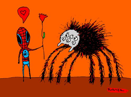 Spiderman offering a flower to a spider