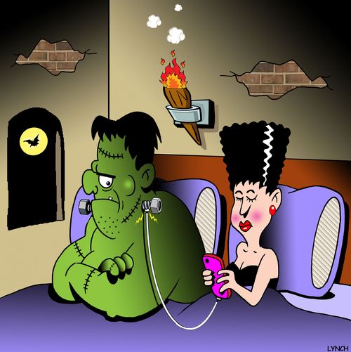 Bride of Frankenstein charges her phone