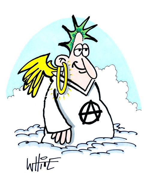 An anarchist angel wearing his halo as a hoop earring, 
