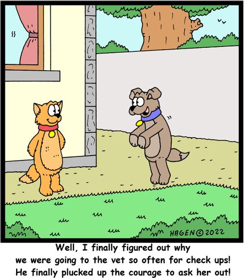 "Well, I finally figured out why we were going to the vet so often for check ups! He finally plucked up the courage to ask her out!"
