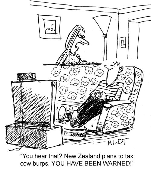"You hear that? New Zealand plans to tax cow burps. You have been warned!"
