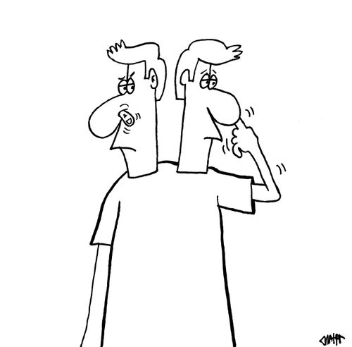 A two headed man picks his nose