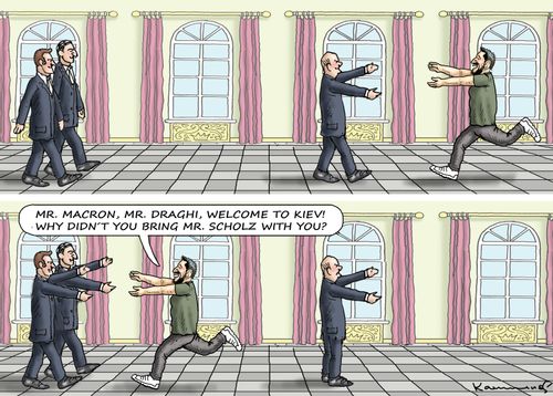 "Mr. Macron, Mr. Draghi. Welcome to Kiev! Why didn't you bring Mr. Scholz with you?"