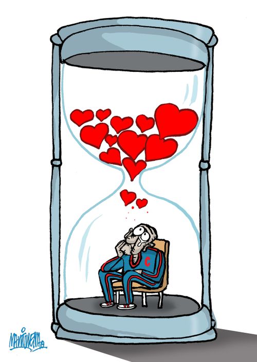 An old man in an hourglass filled with hearts