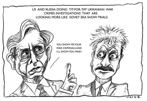 US and Russia tit-for-tat Ukrainian war crimes investigations that are looking more like soviet era show trials.