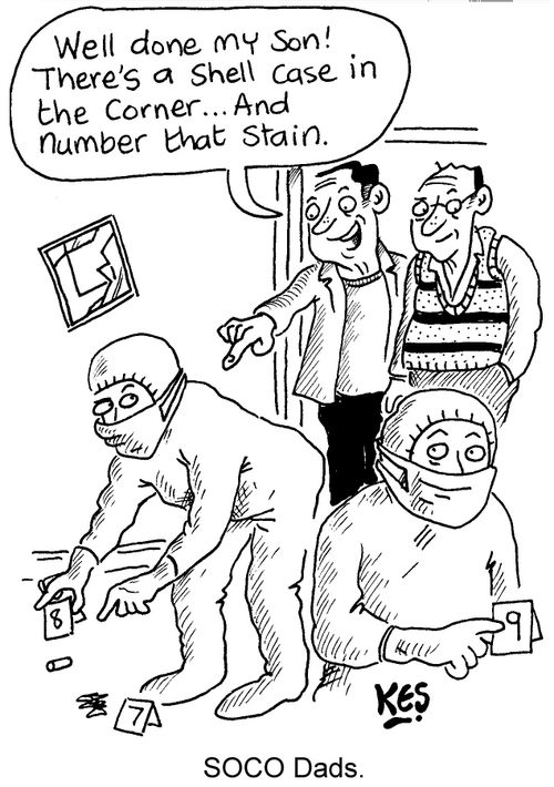 "Well done my son! There's a shell case in the corner. . .and number that stain."
