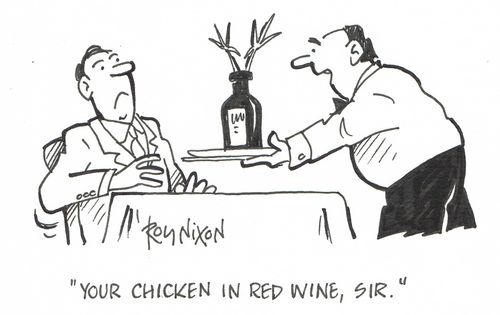 "Your chicken in red wine, sir."