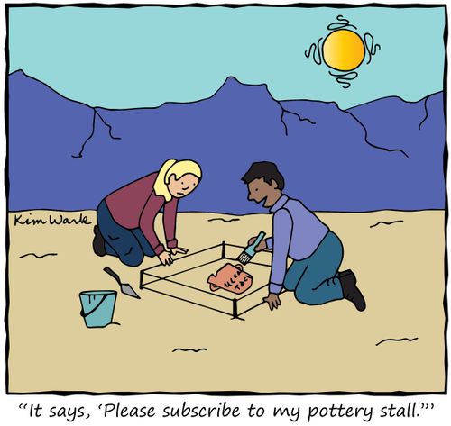 "It says, 'Please subscribe to my pottery stall.'"