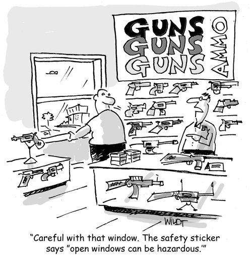 "Careful with that window. The safety sticker says 'open windows can be hazardous.'"