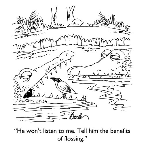 "He won't listen to me. Tell him the benefits of flossing."