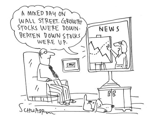 "A mixed day on wall street. Growth stocks were down. Beaten down stocks were up."