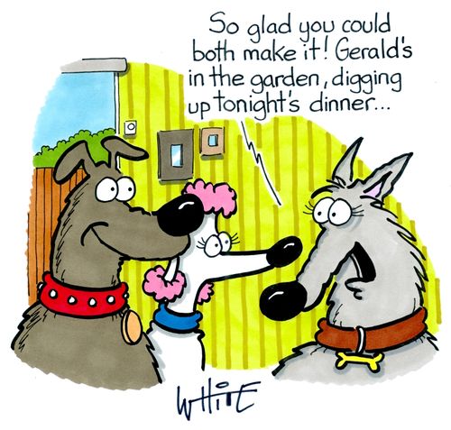 "So glad you could both make it! Gerald's in the garden, digging up tonight's dinner..."