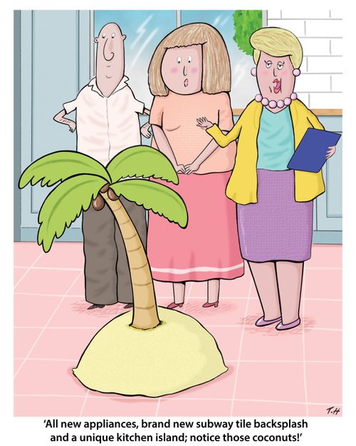 "All new appliances, brand new subway tile backsplash and a unique kitchen island; notice those coconuts!"