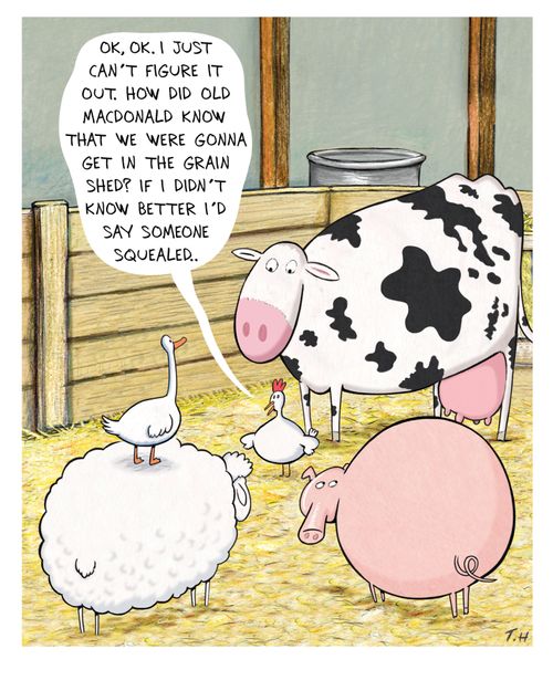 "Ok, ok.  I just can't figure it out. How did old MacDonald know that we were gonna get in the grain shed? If I didn't know better I'd say someone squealed."