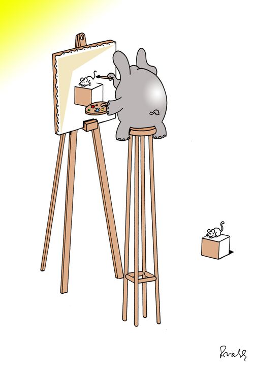 Scared elephant paints a mouse.