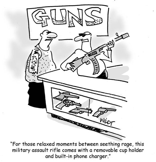 "For those relaxed moments between seething rage, this military assault rifle comes with a removable cup holder and built-in phone charger."