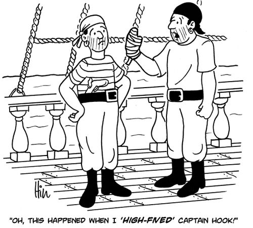 "Oh, this happened when I 'High-Fived' Captain Hook!"