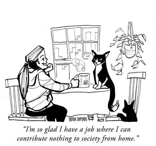 "I'm so glad I have a job where I can contribute nothing to society from home."