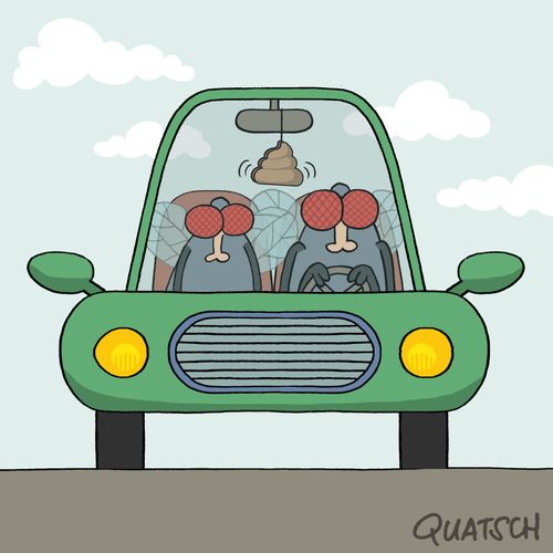 Two flies driving in a car with a poop air freshener
