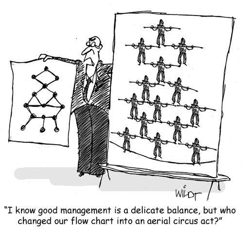 "I know good management is a delicate balance, but who changed our flow chart into an aerial circus act?"
