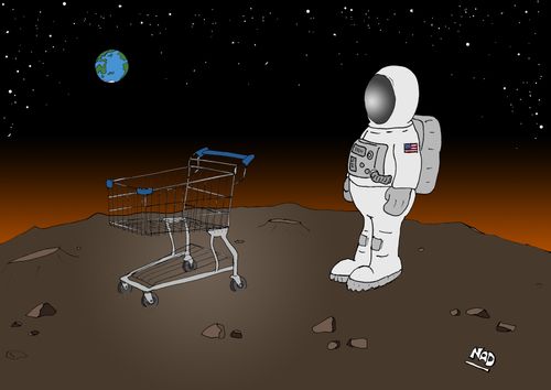 An astronaut finds an abandoned shopping cart on the moon