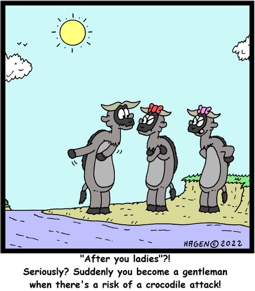 "'After you ladies'?! Seriously? Suddenly you become a gentleman when there's a risk of crocodile attack!"