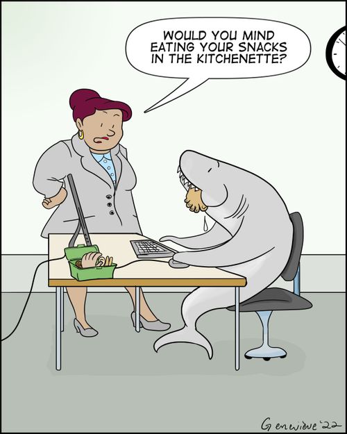 "Would you mind eating your snacks in the kitchenette?"