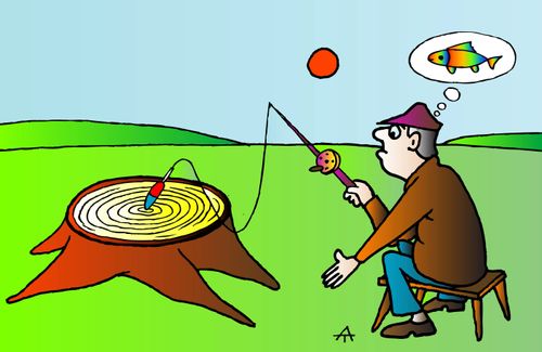 A man fishing in a tree stump