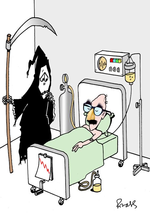 The Grim Reaper looking confusedly at dying man wearing a bad disguise